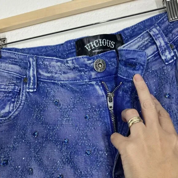 Vicious Authentic Denim Shorts Mens 36 Blue Embellished Cargo Studded Streetwear